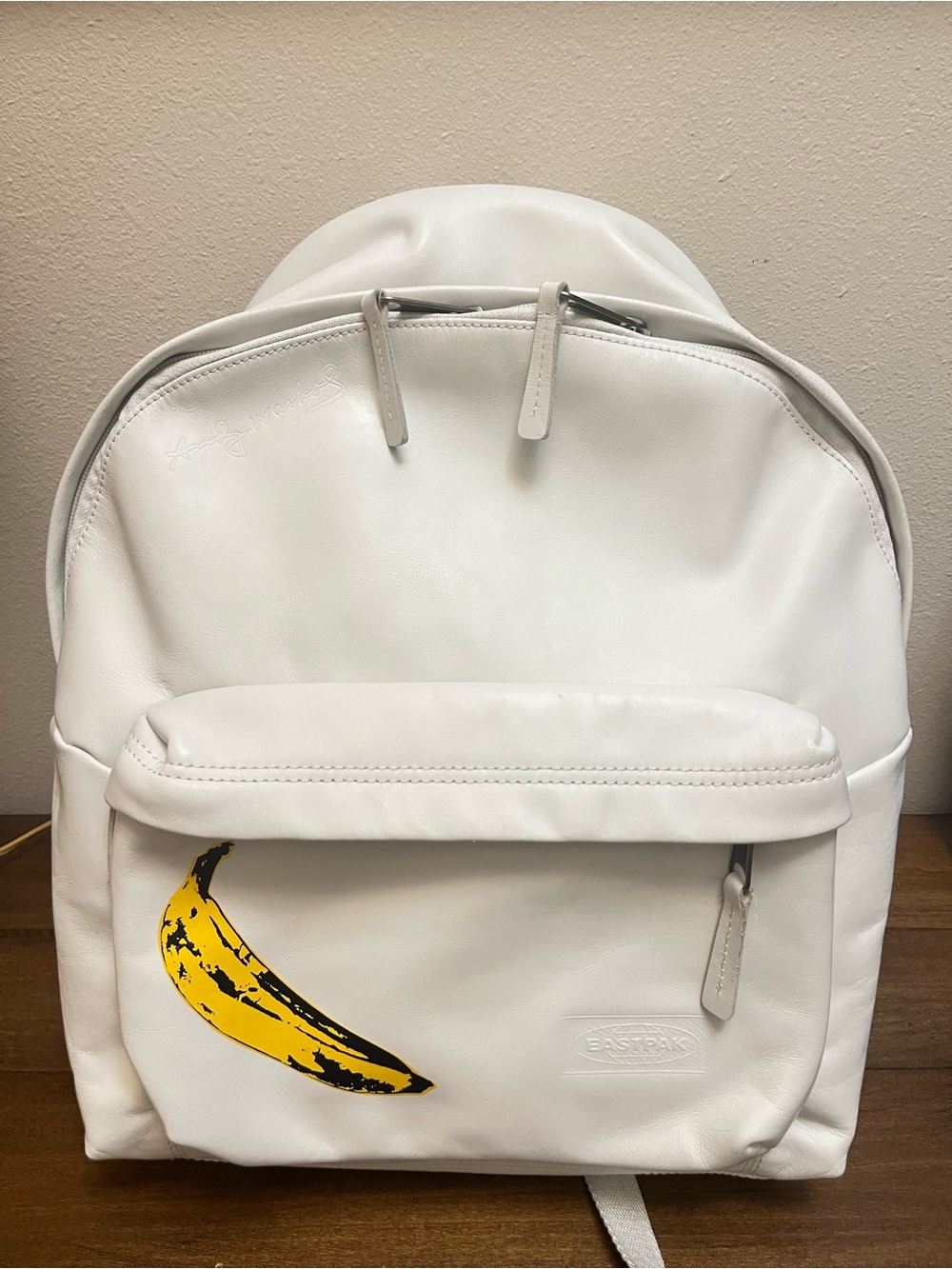 Andy Warhol x Eastpak White Leather Backpack with Yellow Banana Art